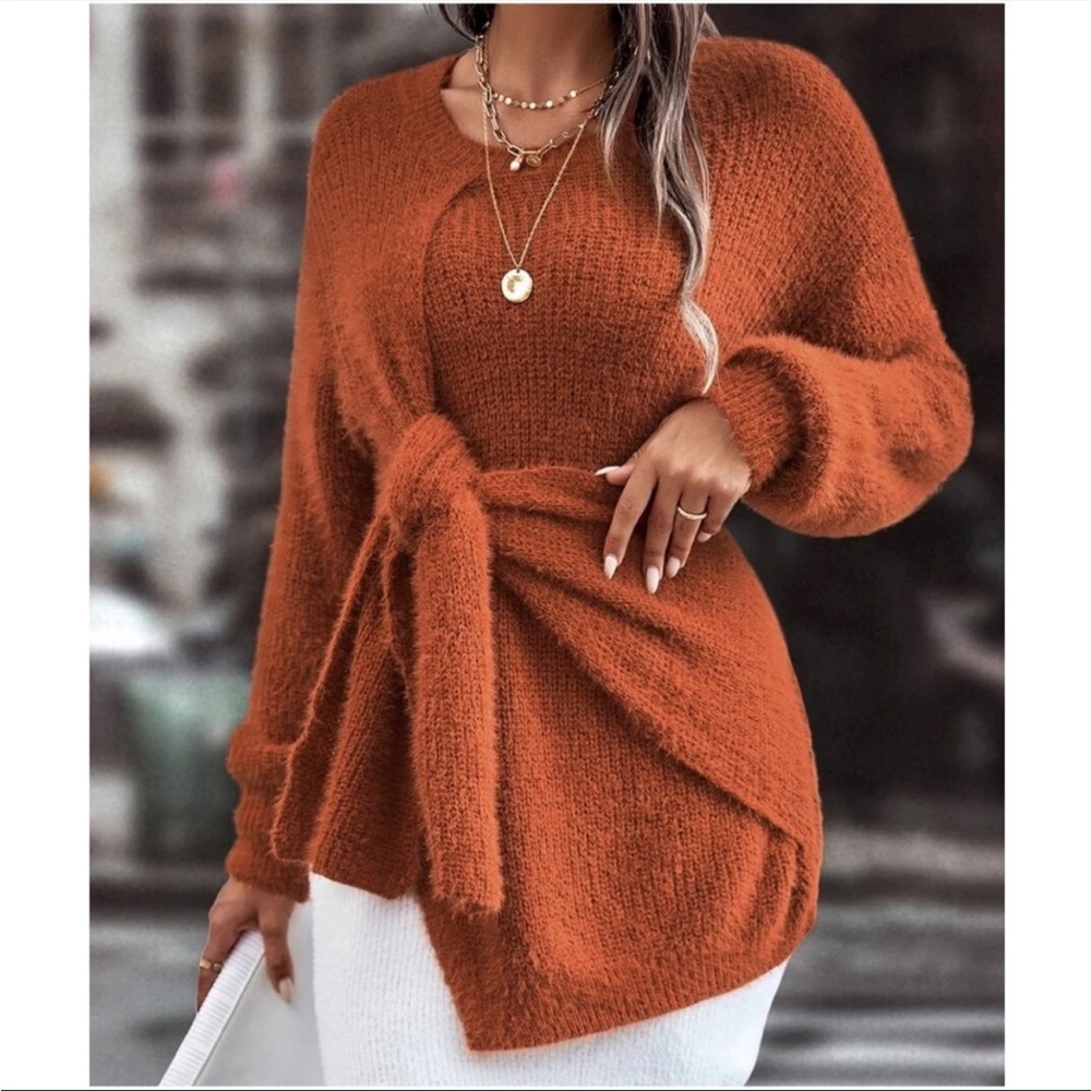 Cozy Rust Orange Tie Front Fuzzy Sweater Top XS S M L XL XXL - Picture 3 of 5